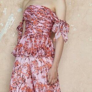 Flor Et Al Jumpsuit Womens 0 Pink Floral Print Silk Tie Sleeve Wide Leg Formal